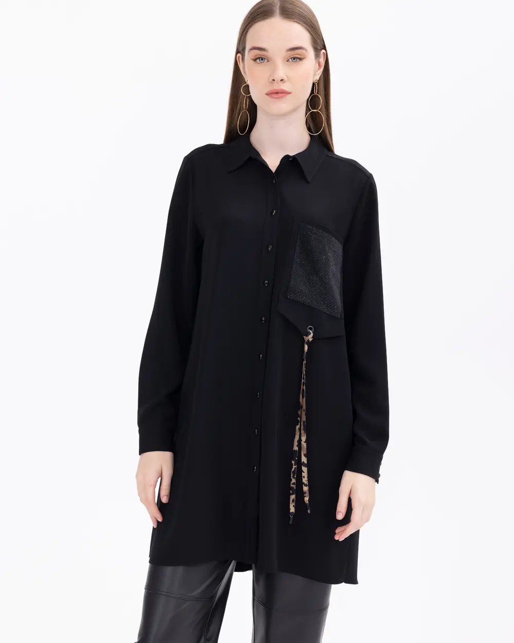 Leopar Desen Detaylı Önden Düğmeli Tunik