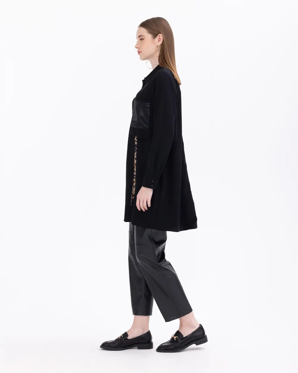 Leopar Desen Detaylı Önden Düğmeli Tunik