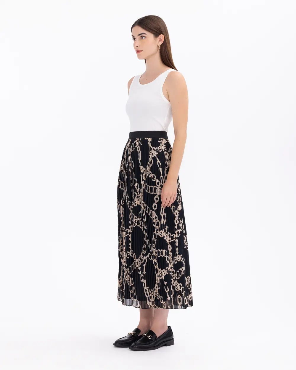 Desenli Elastik Bel Pliseli Etek