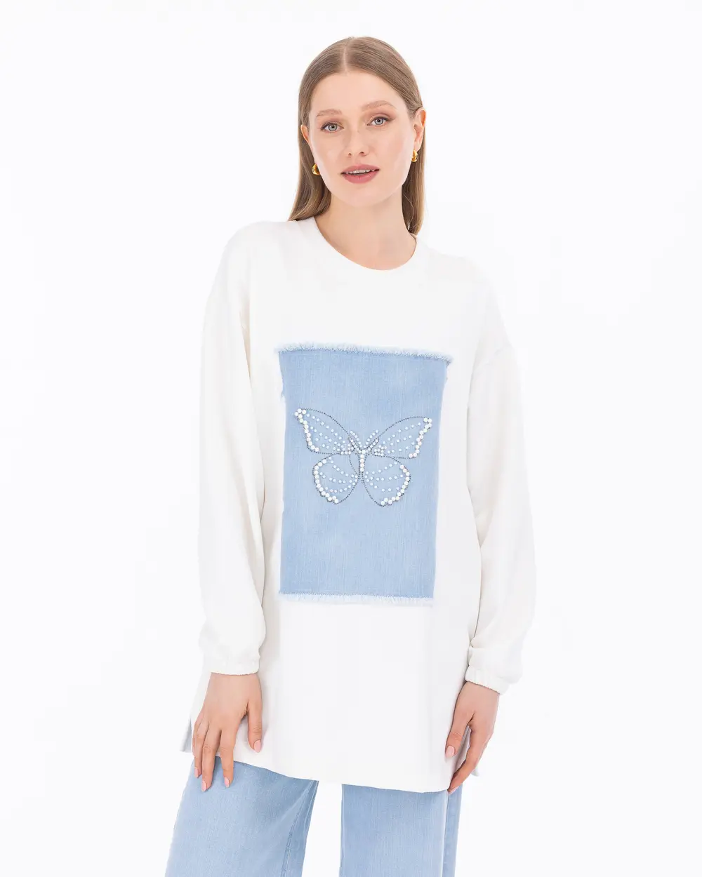 Knitted Fabric Pearl Detailed Rigged Sweatshirt
