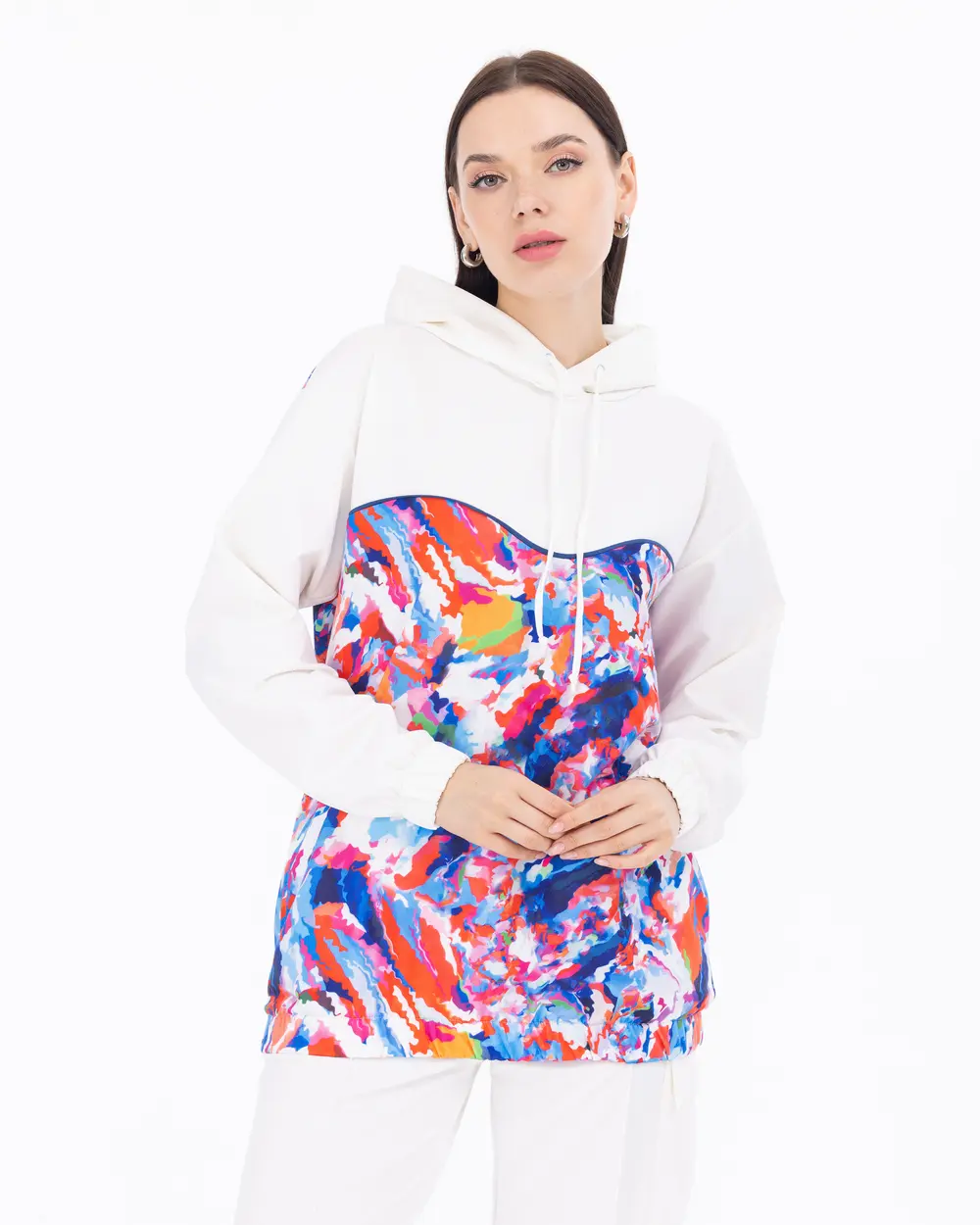 Hooded Collar Patterned Ruffle Sleeve Sweatshirt