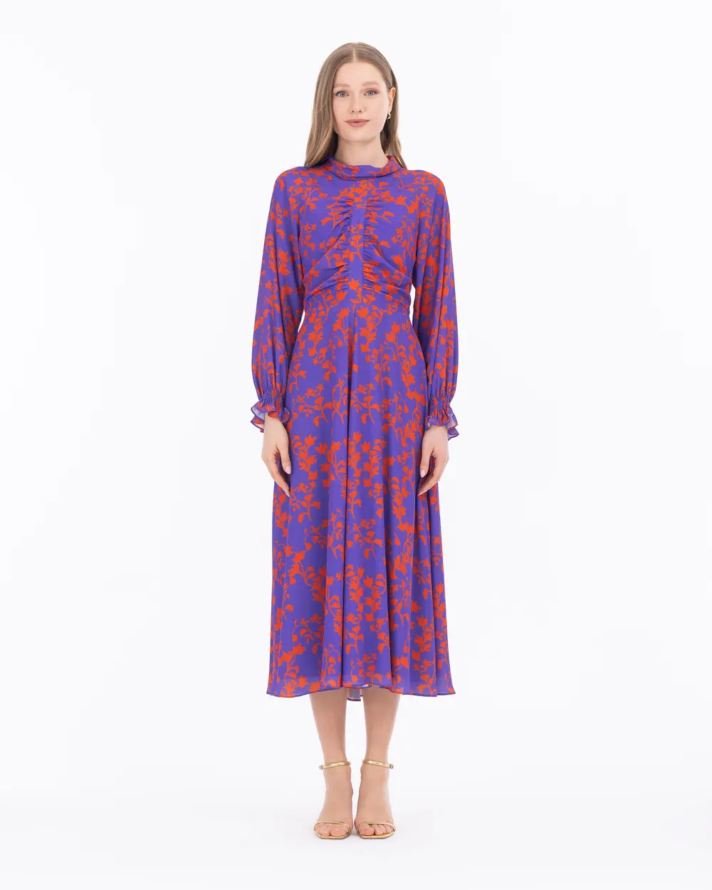 Draped Floral Pattern Dress With Collar Collar