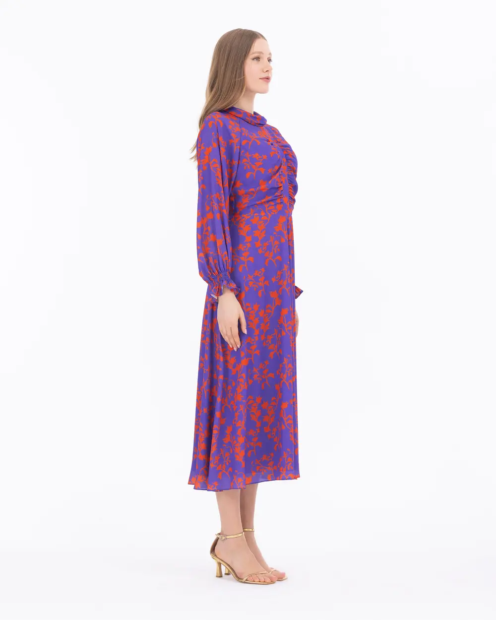 Draped Floral Pattern Dress With Collar Collar