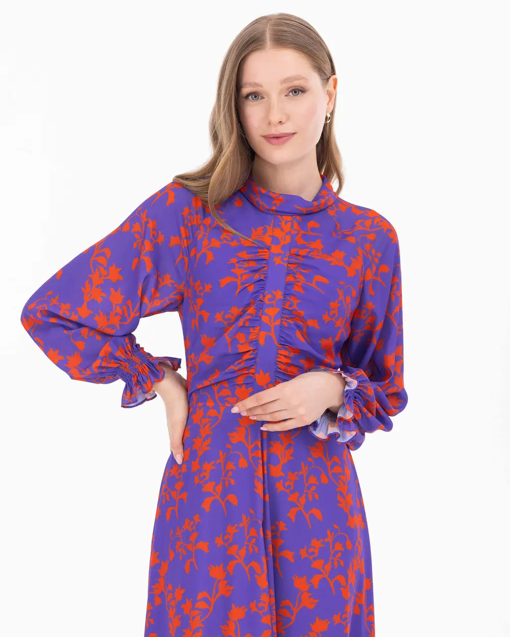 Draped Floral Pattern Dress With Collar Collar