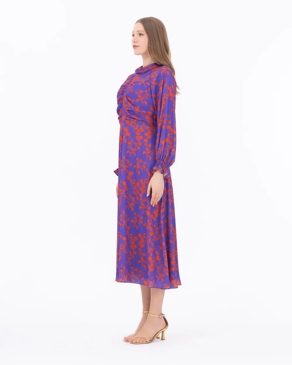 Draped Floral Pattern Dress With Collar Collar