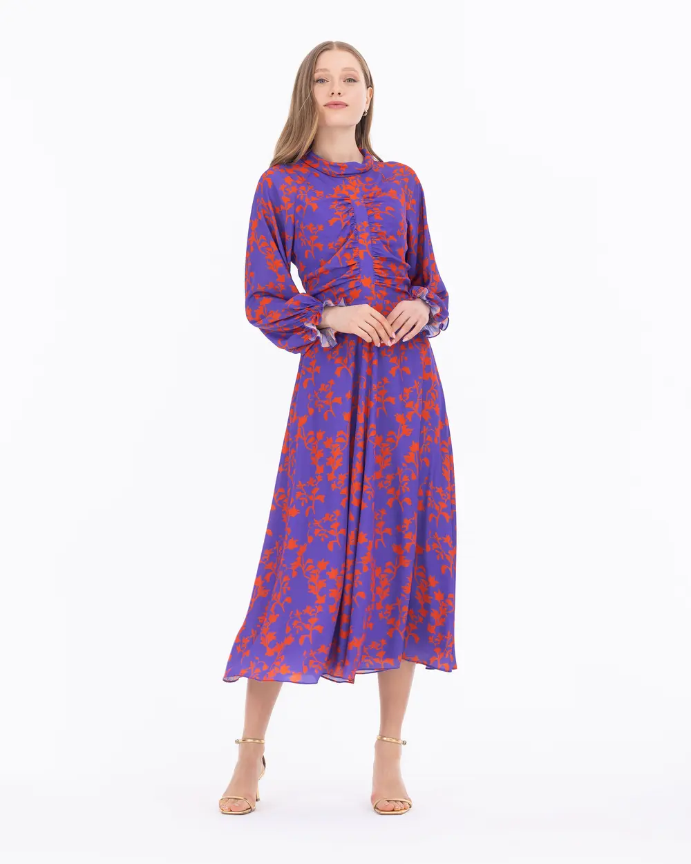 Draped Floral Pattern Dress With Collar Collar