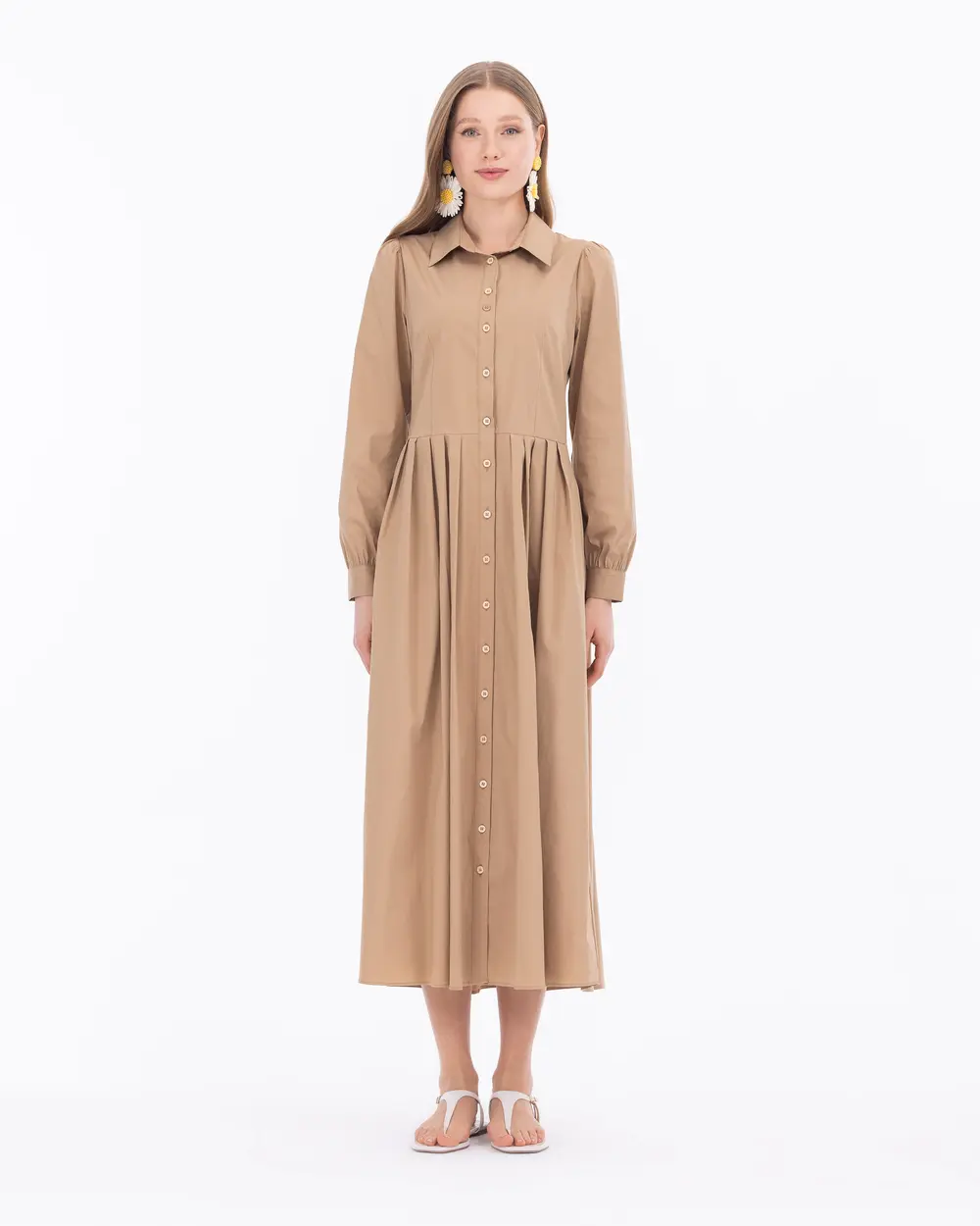 Pleated Shirt Collar Long Sleeve Dress