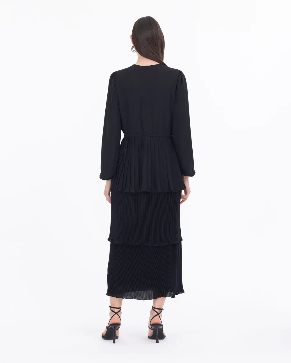 Beli Büzgülü Katlı Uzun Kollu Elbise