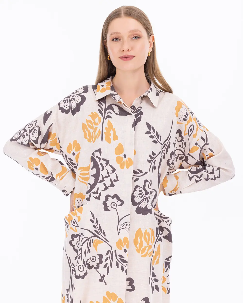 Floral Patterned Shirt Collar Tunic