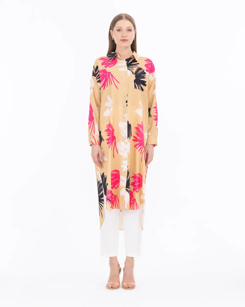 Tropical Patterned Low Sleeve Shirt Collar Tunic