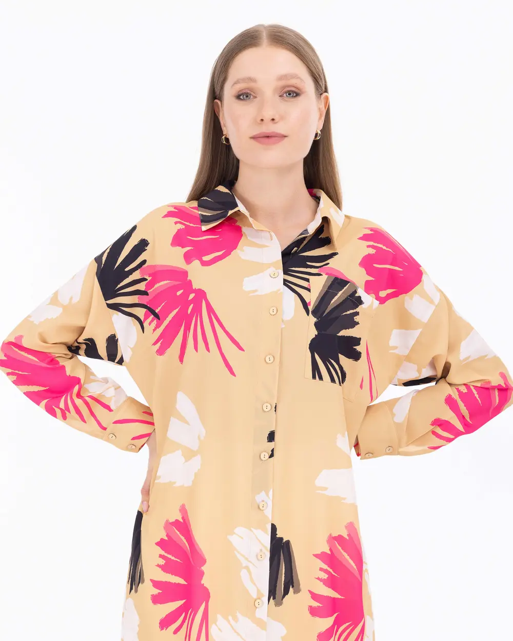 Tropical Patterned Low Sleeve Shirt Collar Tunic