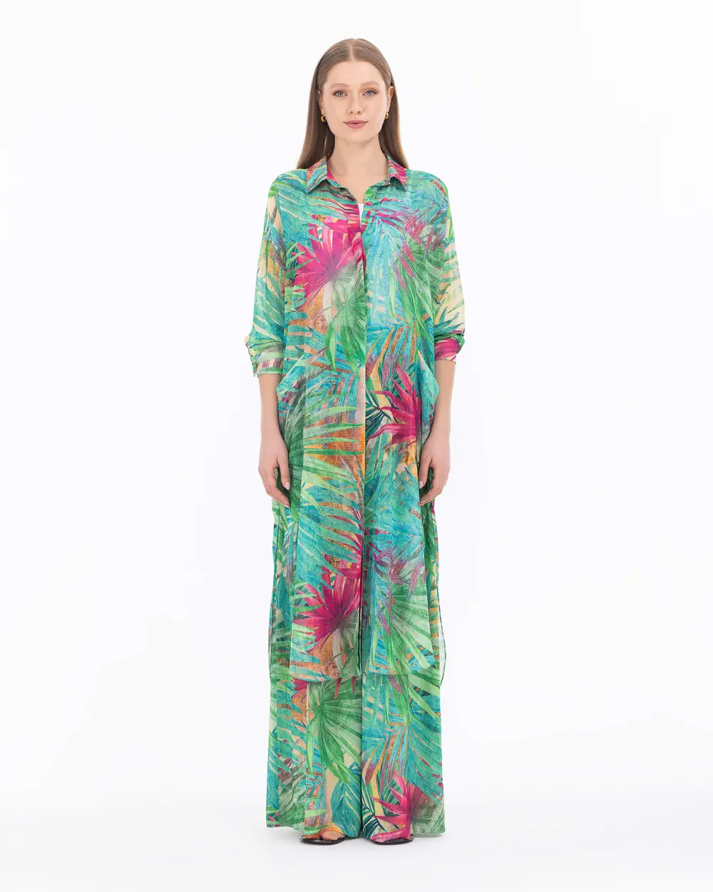 Tropical Patterned Low Sleeve Chiffon Tuni