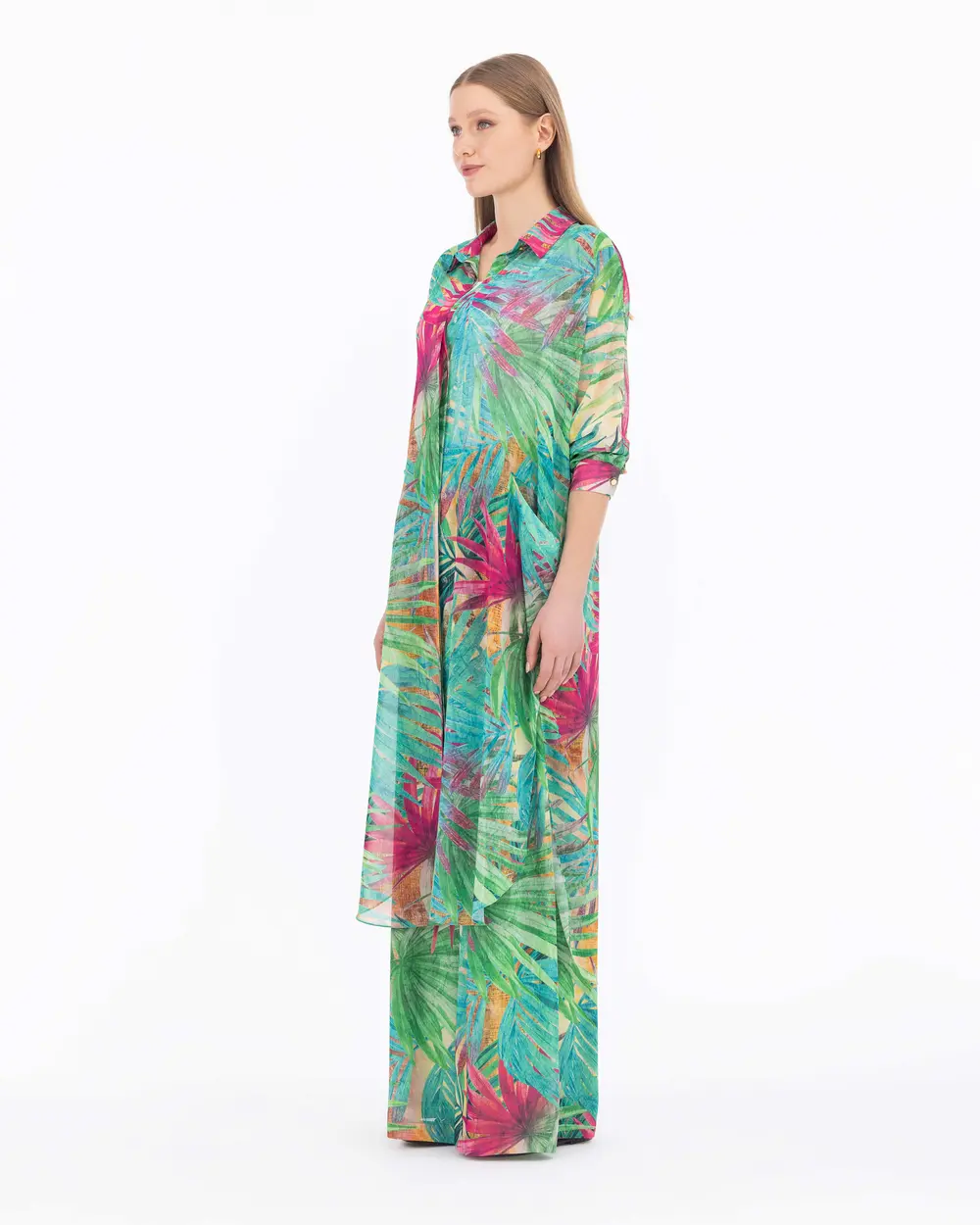Tropical Patterned Low Sleeve Chiffon Tuni