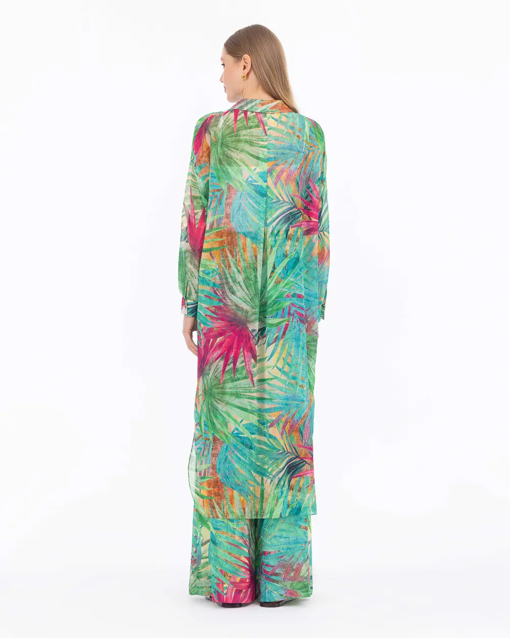 Tropical Patterned Low Sleeve Chiffon Tuni