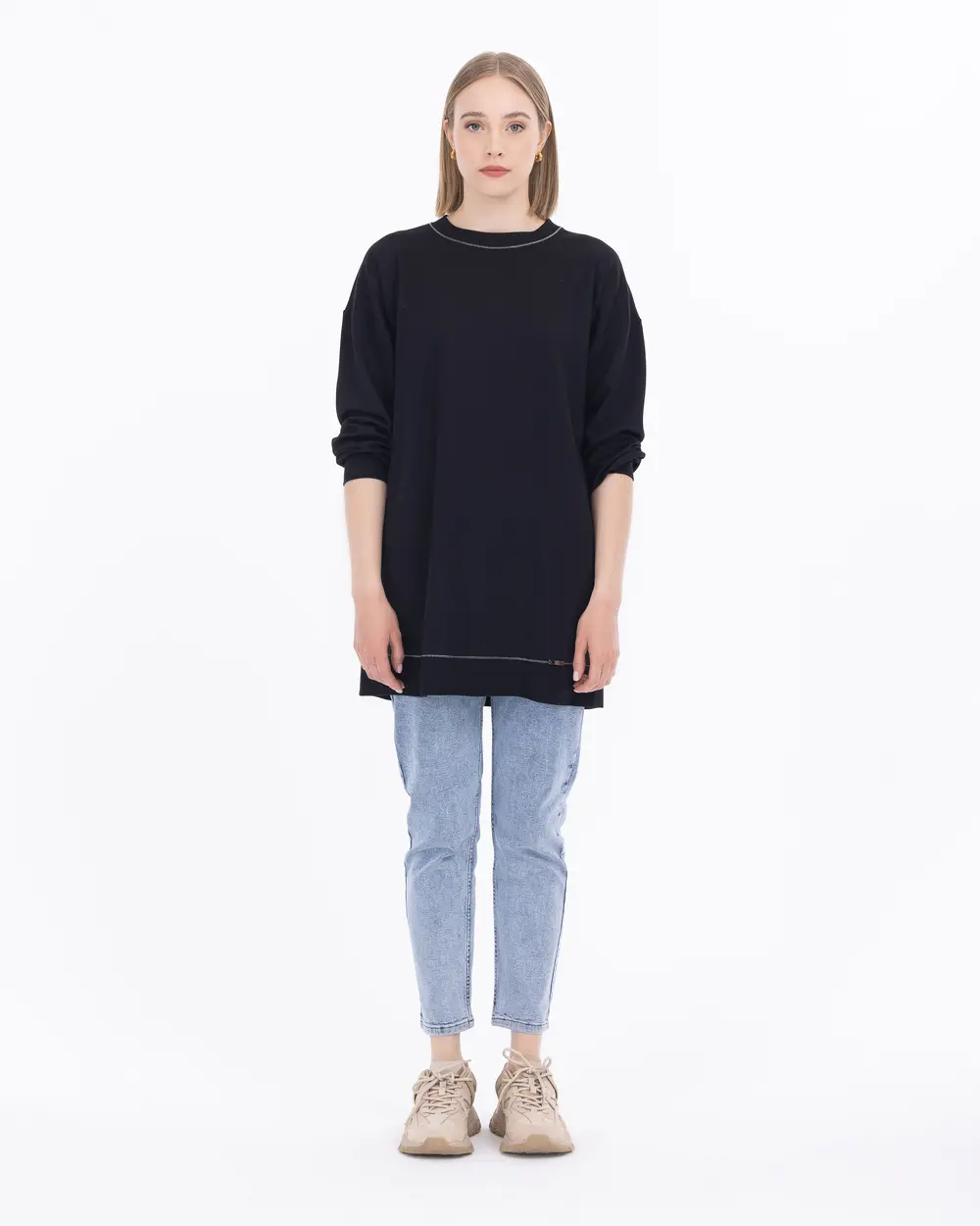 Basic Round Neck Knitted Fabric Tunic