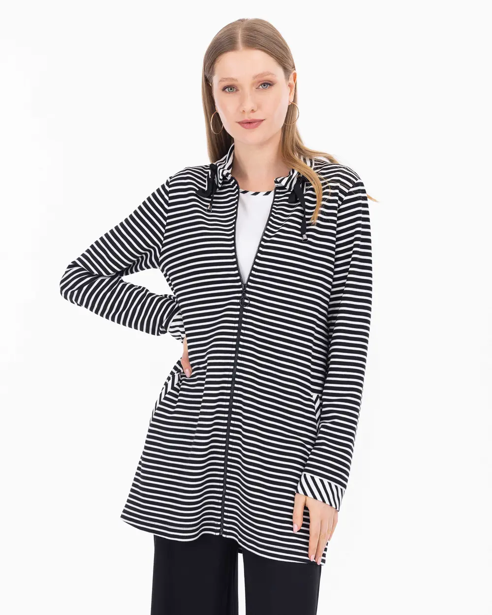 Shirt Collar Striped Jacket With Inner Blouse