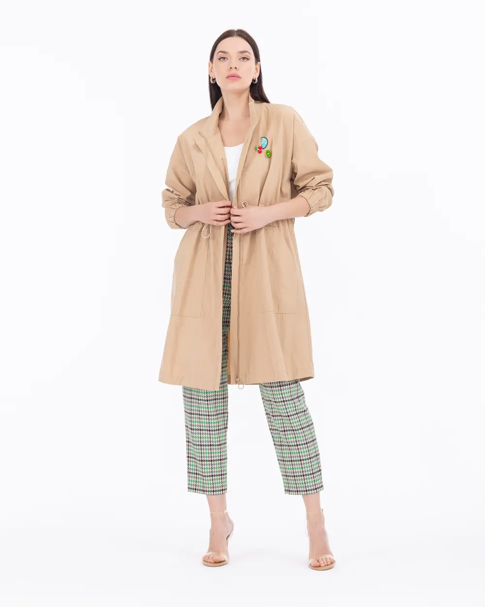 Straight Collar Accessorized Sports Trench Coat