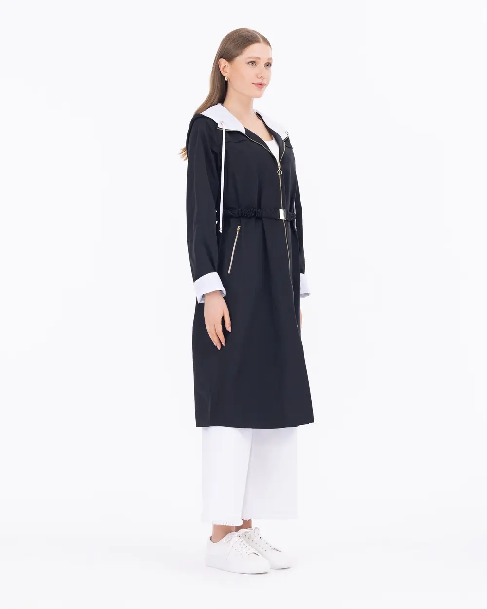 Hooded Collar Belted Trench Coat