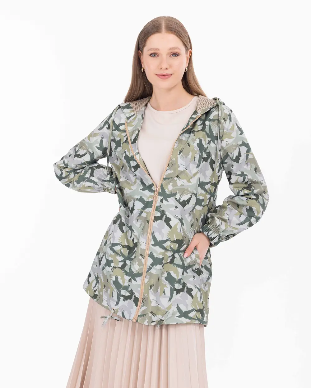 Hooded Collar Patterned Sports Trench Coat