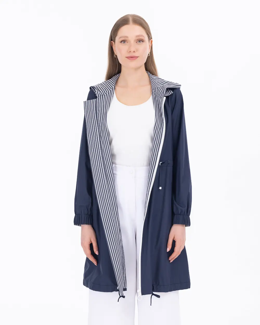 Hooded Collar Lined Patterned Sports Trench Coat