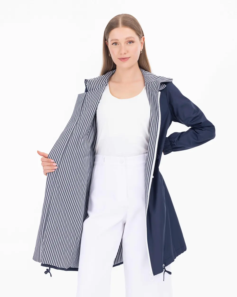Hooded Collar Lined Patterned Sports Trench Coat