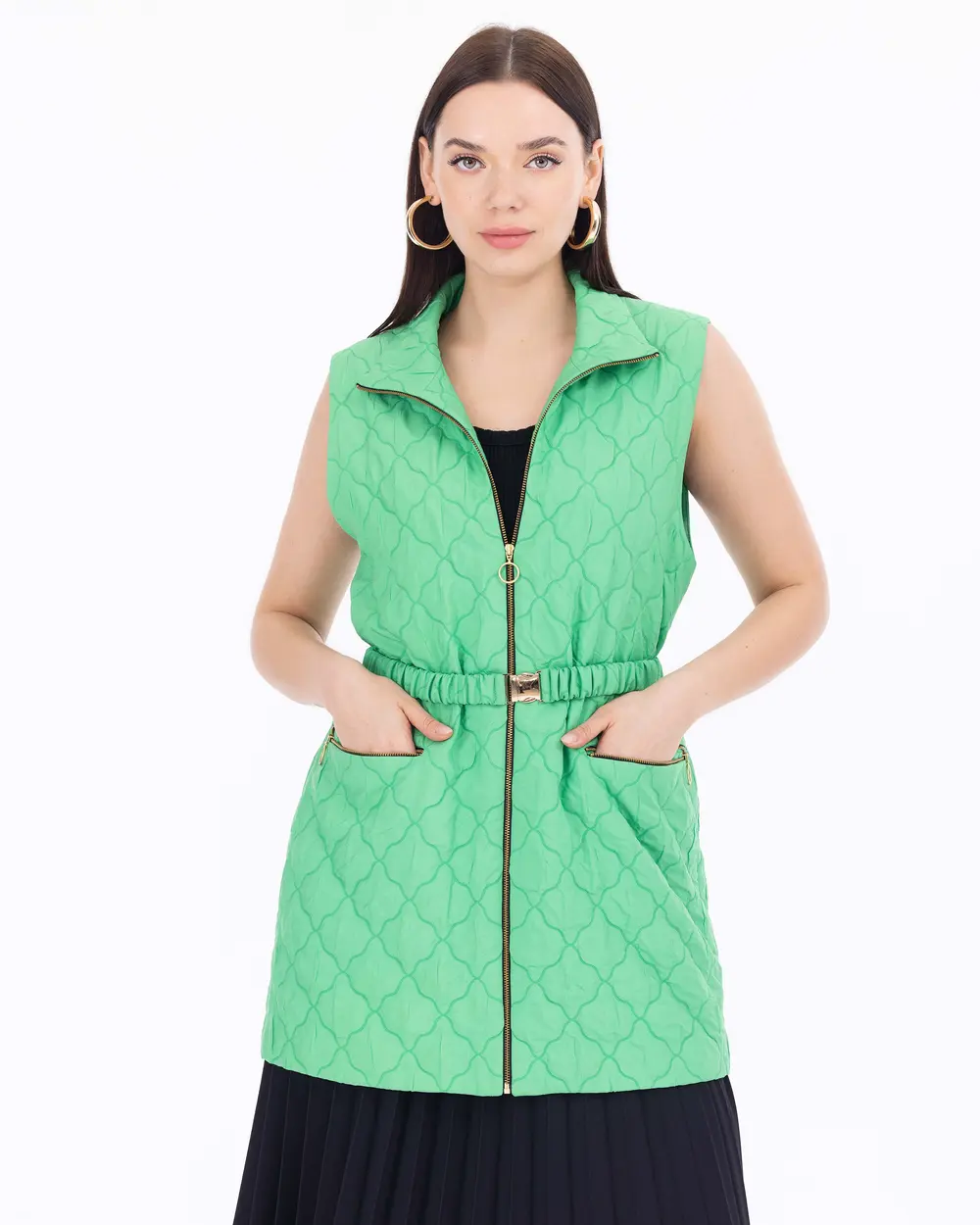 Vertical Collar Belted Quilted Jacket