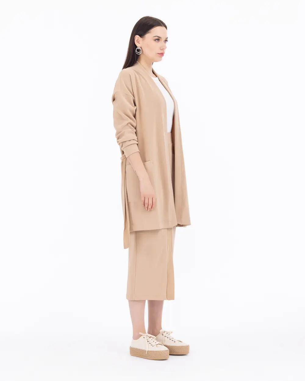 Knitted Fabric Belted Low Sleeve Jacket