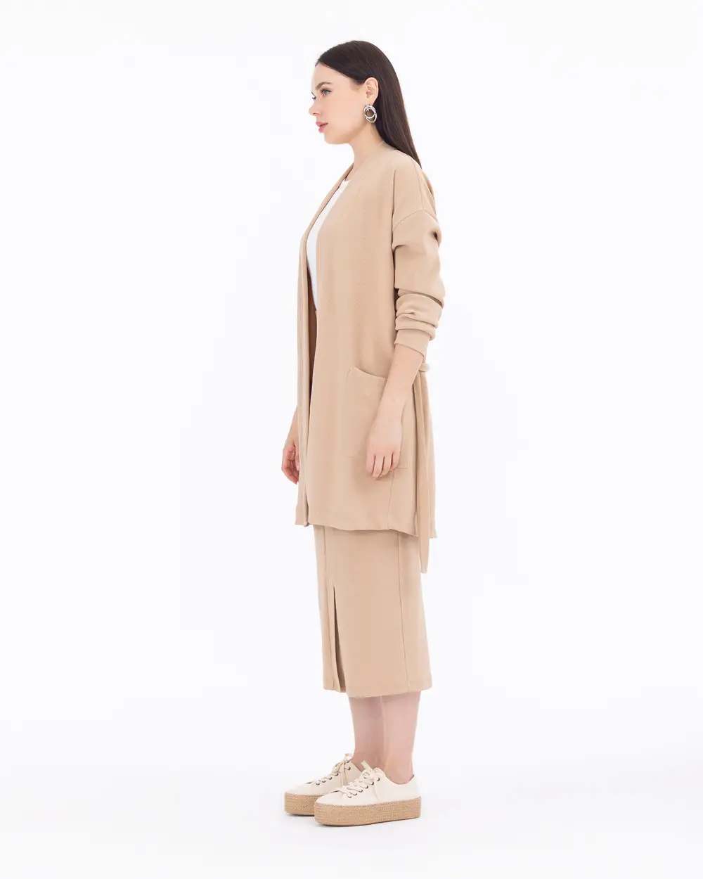 Knitted Fabric Belted Low Sleeve Jacket