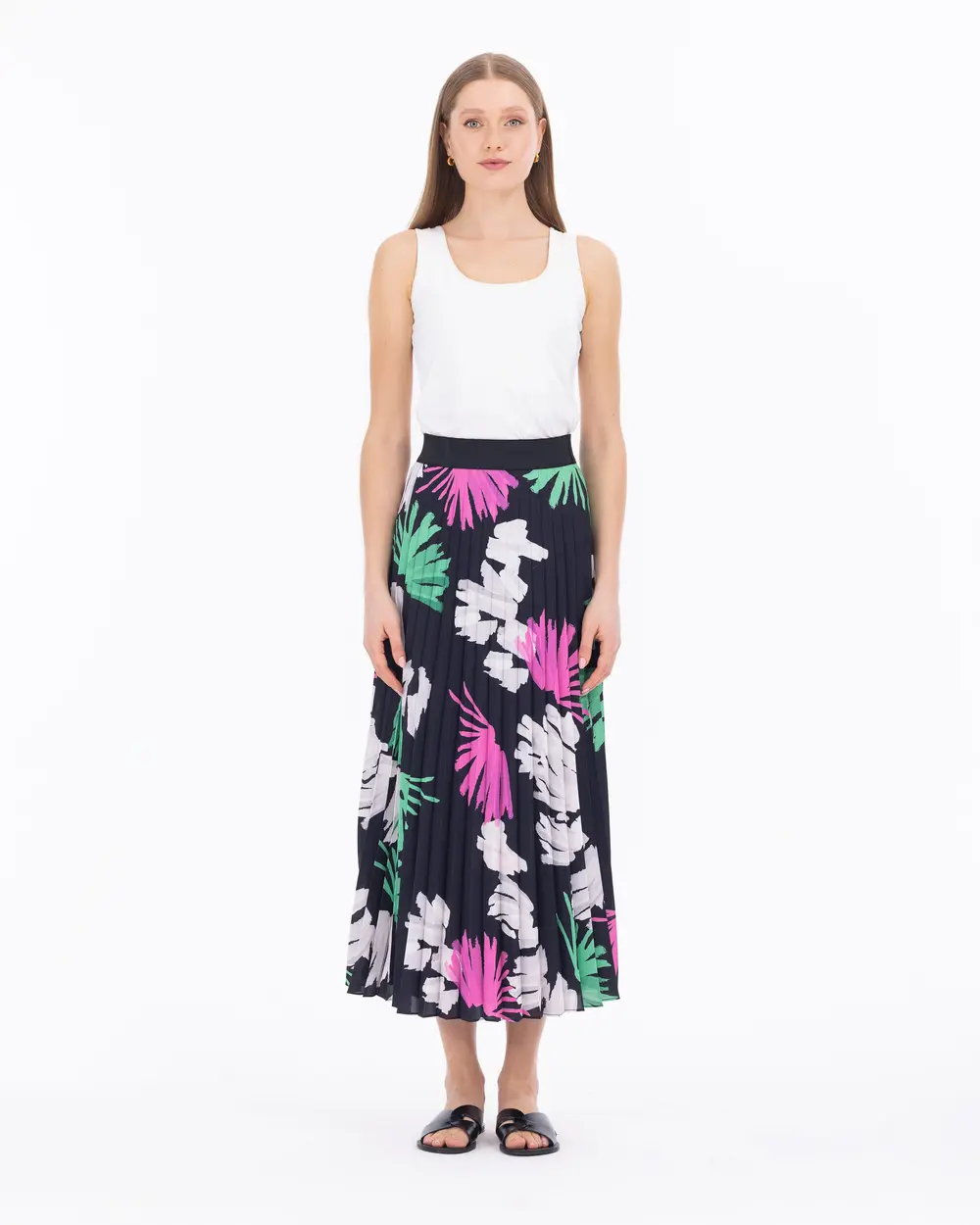 Tropical Patterned Pleated Skirt