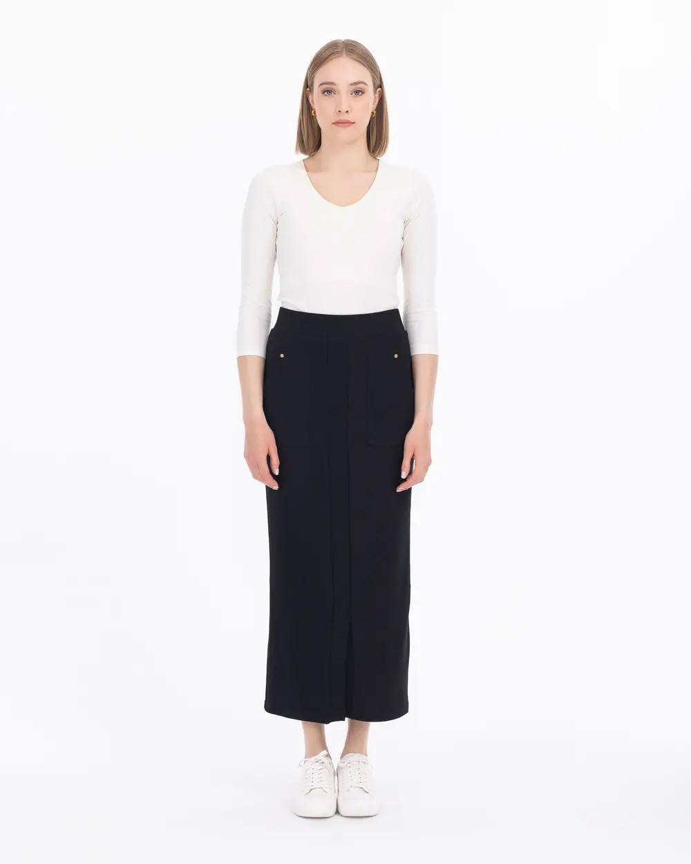 Knitted Fabric Slit Midi Skirt