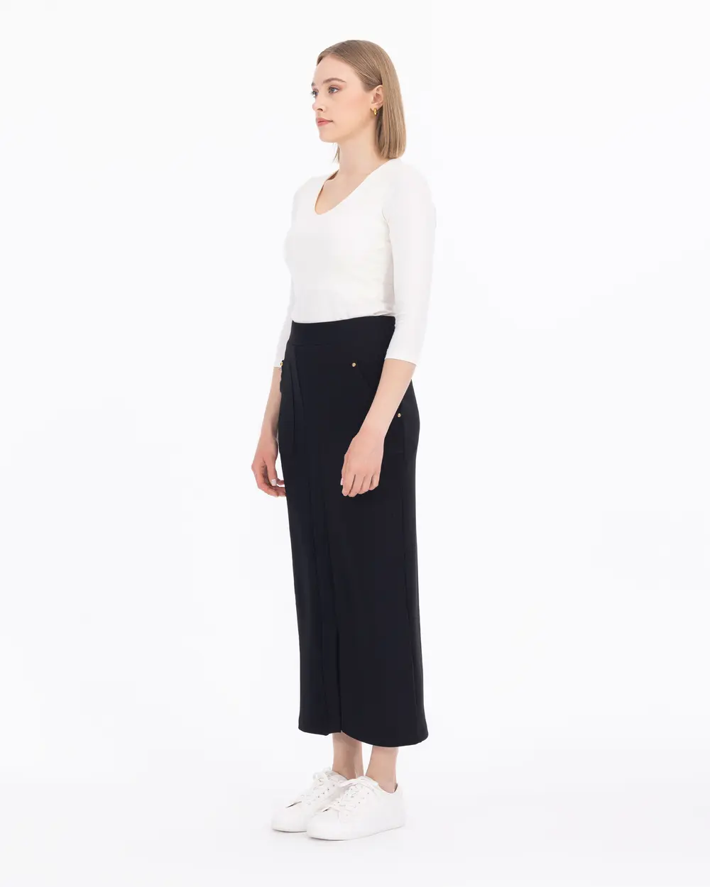 Knitted Fabric Slit Midi Skirt