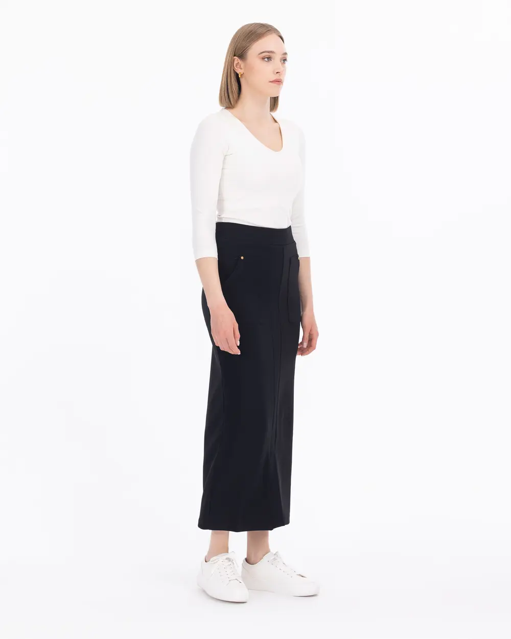 Knitted Fabric Slit Midi Skirt