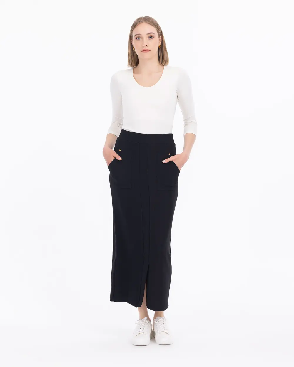 Knitted Fabric Slit Midi Skirt