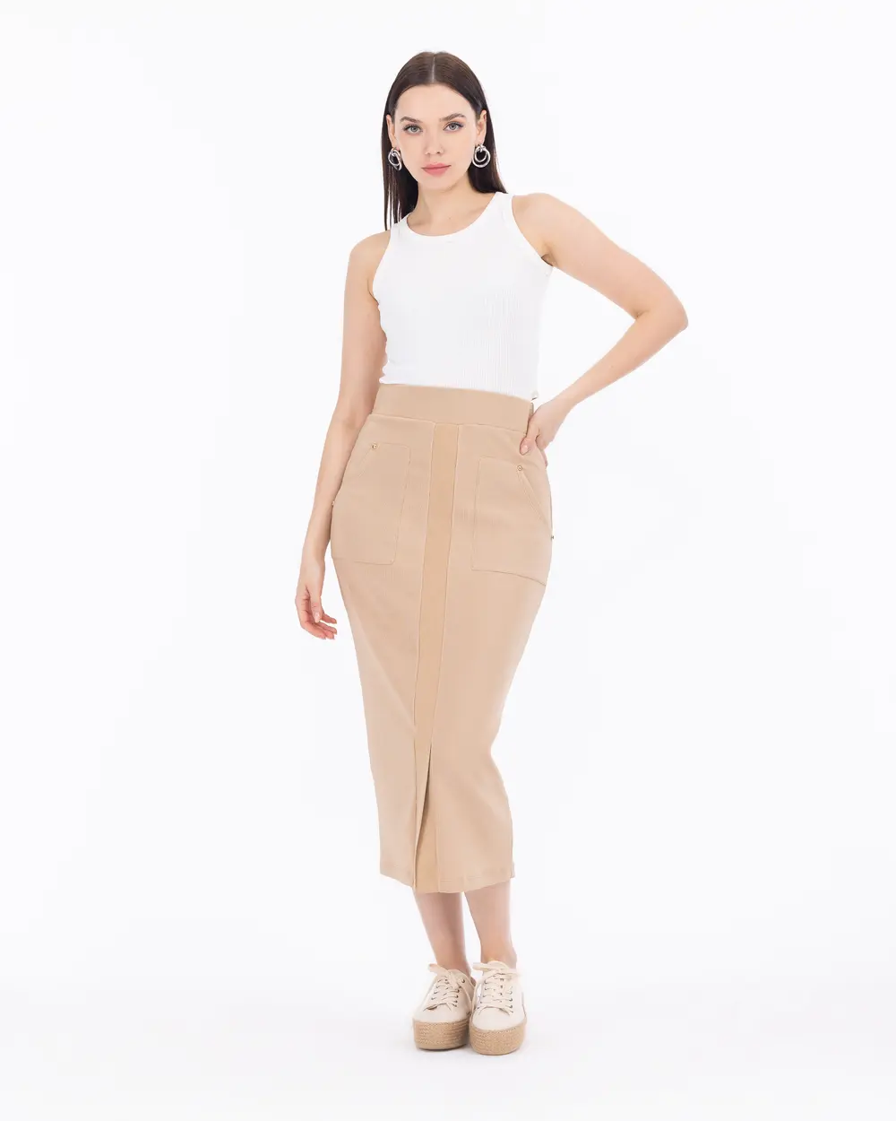 Knitted Fabric Slit Midi Skirt