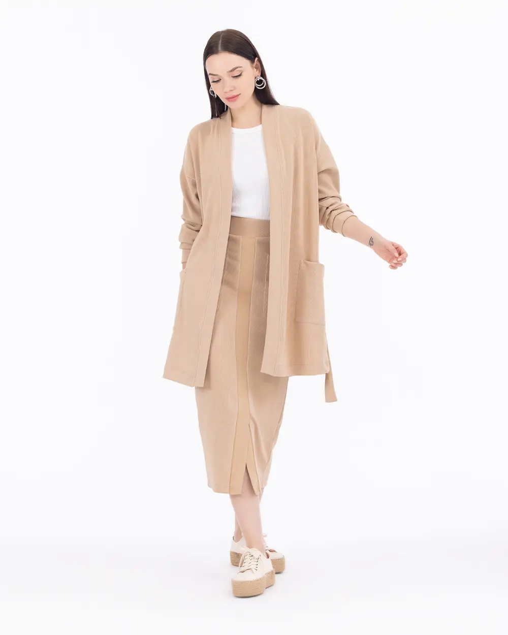 Knitted Fabric Slit Midi Skirt