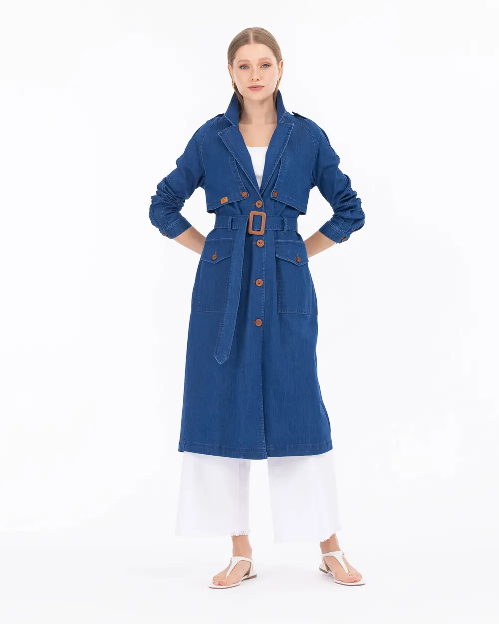 Kemerli Ceket Yaka Jean Kap