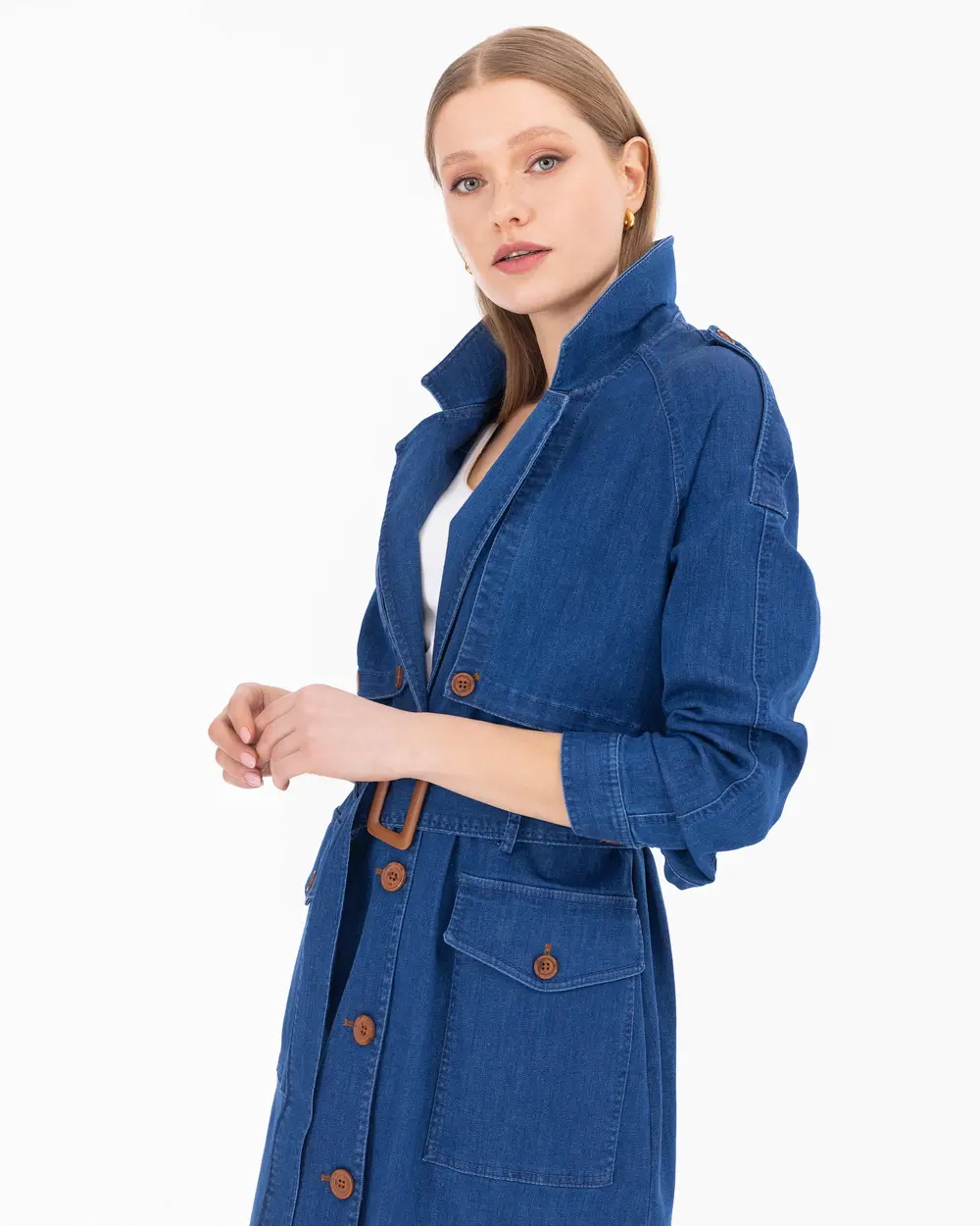 Kemerli Ceket Yaka Jean Kap