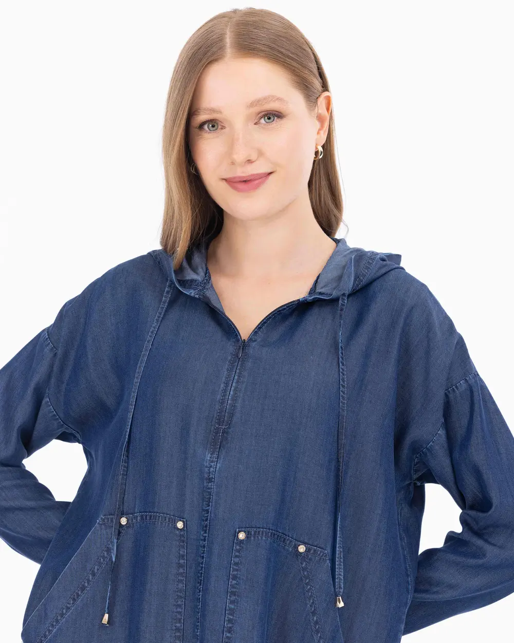 Kapüşon Yaka Uzun Kollu Jean Tunik