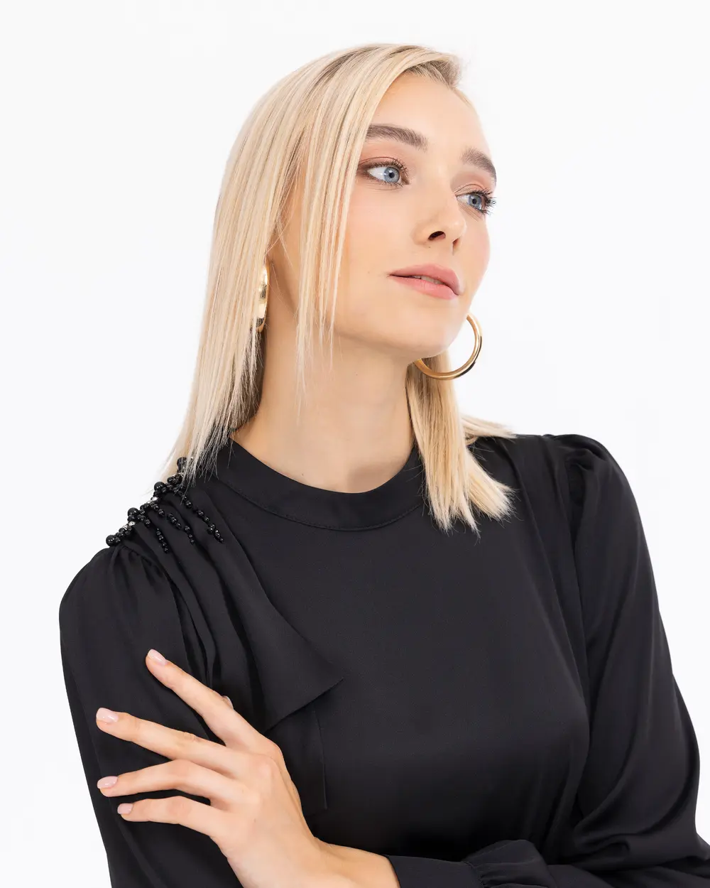 Saten Omuz Detaylı Dik Yaka Tunik