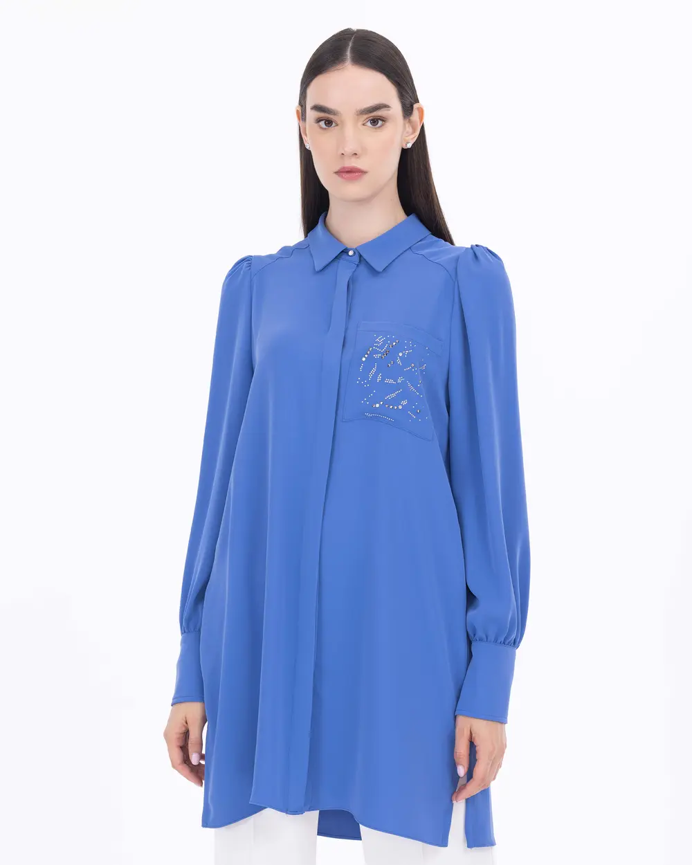 Satin Woven Stone Shirt Collar Tunic