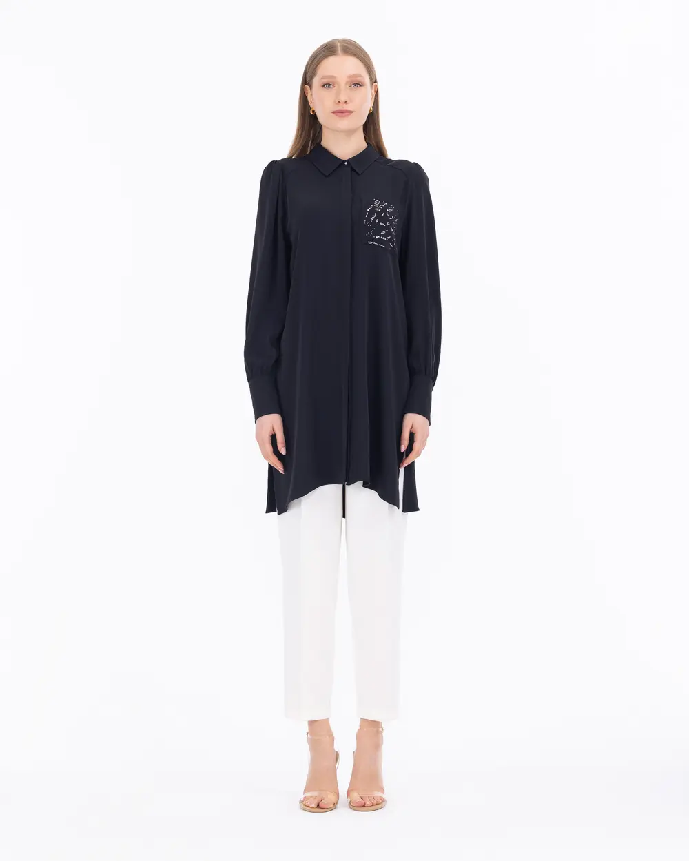 Satin Woven Stone Shirt Collar Tunic