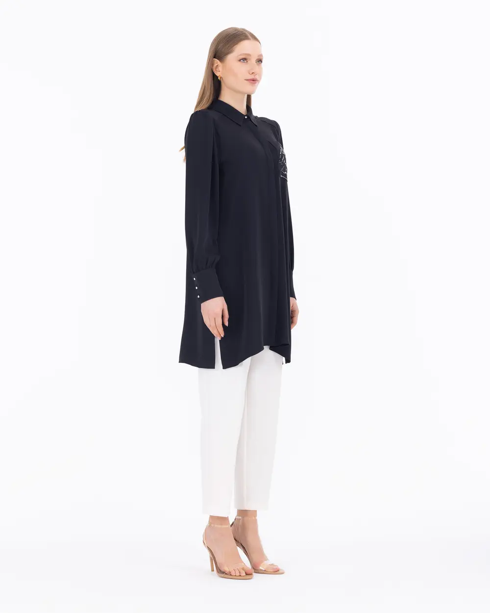 Satin Woven Stone Shirt Collar Tunic