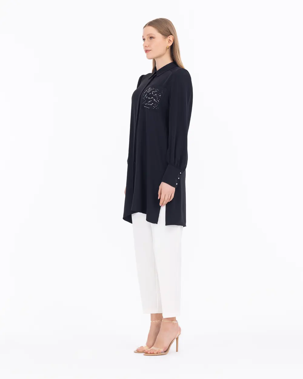 Satin Woven Stone Shirt Collar Tunic