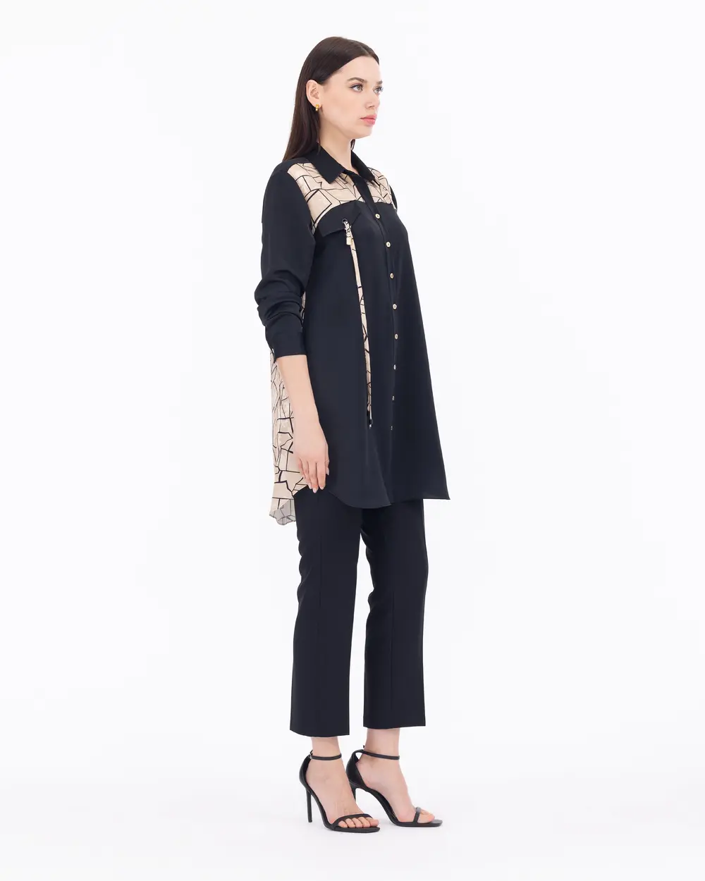 Gömlek Yaka İki Kumaşlı Tunik