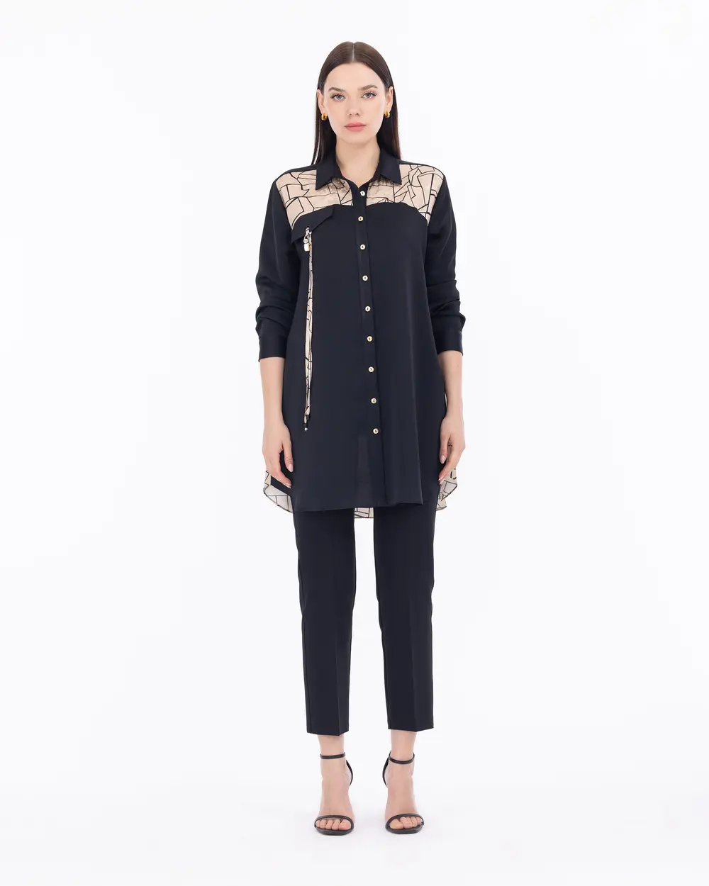 Gömlek Yaka İki Kumaşlı Tunik