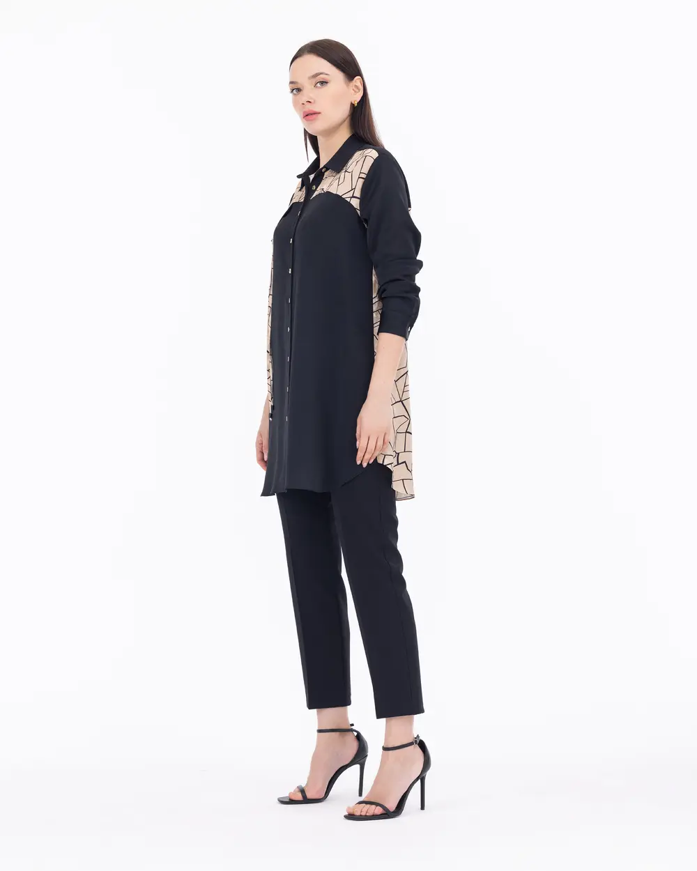 Gömlek Yaka İki Kumaşlı Tunik