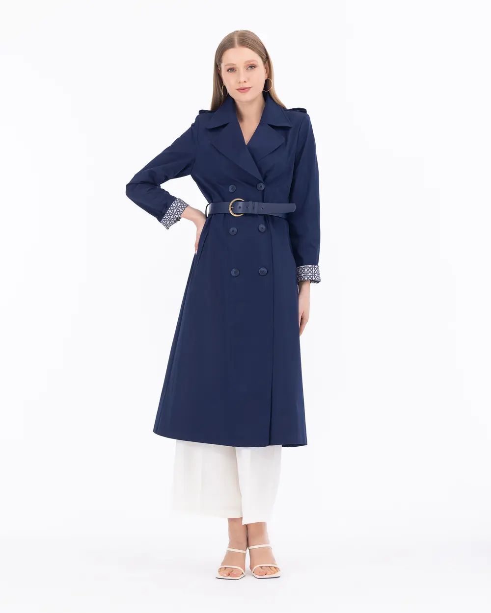 Patterned Lined Classic Trench Coat with Belt