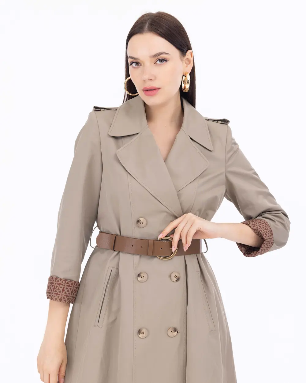 Patterned Lined Classic Trench Coat with Belt