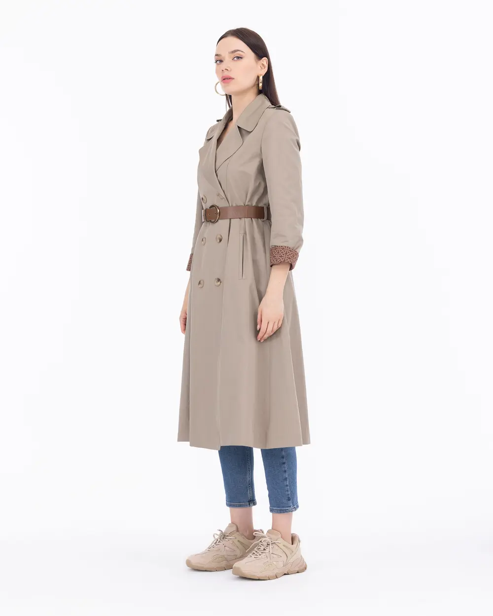 Patterned Lined Classic Trench Coat with Belt