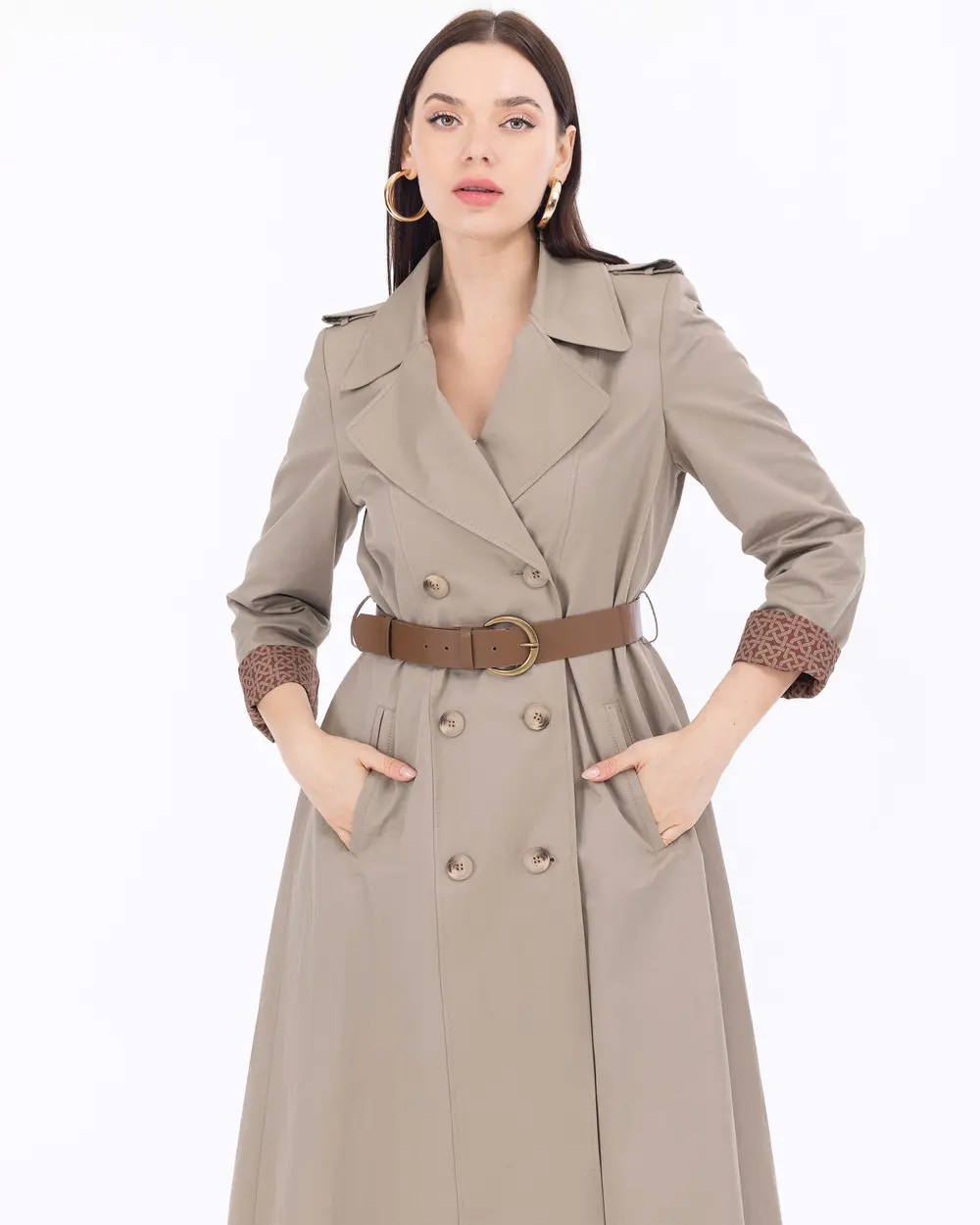 Patterned Lined Classic Trench Coat with Belt - SecilStore
